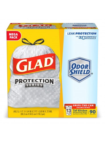 Glad Tall Kitchen Protection Series Drawstring Trash Bags - 13 Gallon White Trash Bag - 90 Count