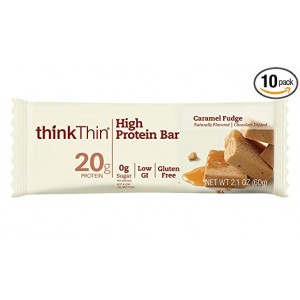 High Protein Bars by thinkThin - On The Go, 20g Protein, Low Sugar, Gluten Free, Non-GMO - Caramel Fudge (10 Bars)