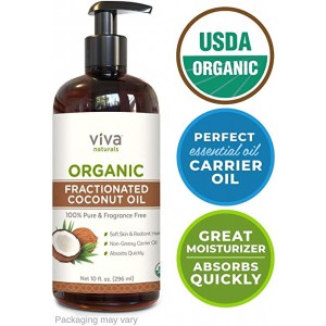 Viva Naturals Organic Fractionated Coconut Oil - 100% Pure USDA Certified, Perfect for Hair Nourishment, DIYs, Massage Oil, Carrier Oil, Skincare and More (10 oz)